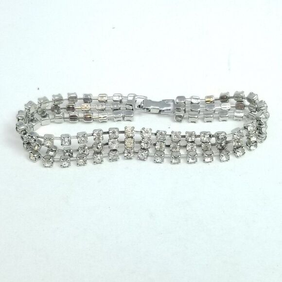 Vintage Sparkly Rhinestone Silver Tone Three Row Bangle Bracelet, 50s 60s Style - Picture 2 of 5